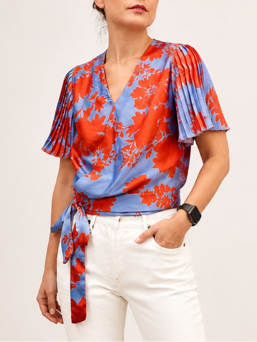 NWOT Vero Moda Blue Red Floral Wrap Top with Pleated Sleeves Women’s Sz XS